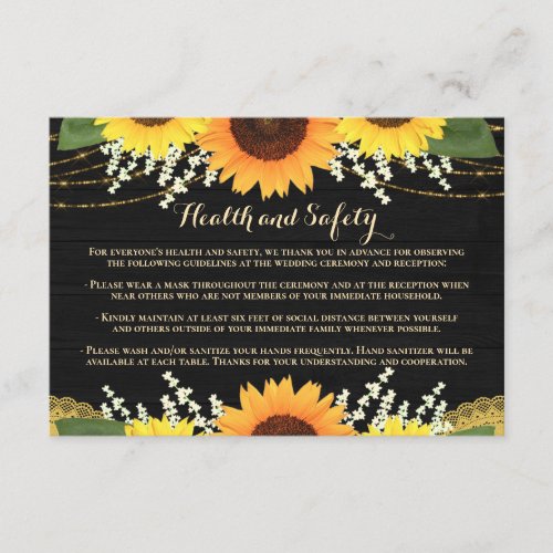 Rustic Black Wood Sunflowers Wedding Health Safety Enclosure Card