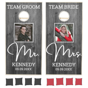 Rustic Black Wood Team Bride Groom Mr And Mrs Cornhole Set