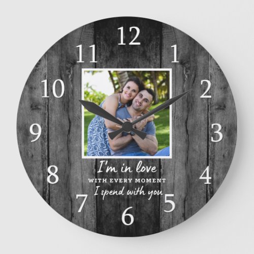Rustic Black Wood Wedding Anniversary Love Photo Large Clock