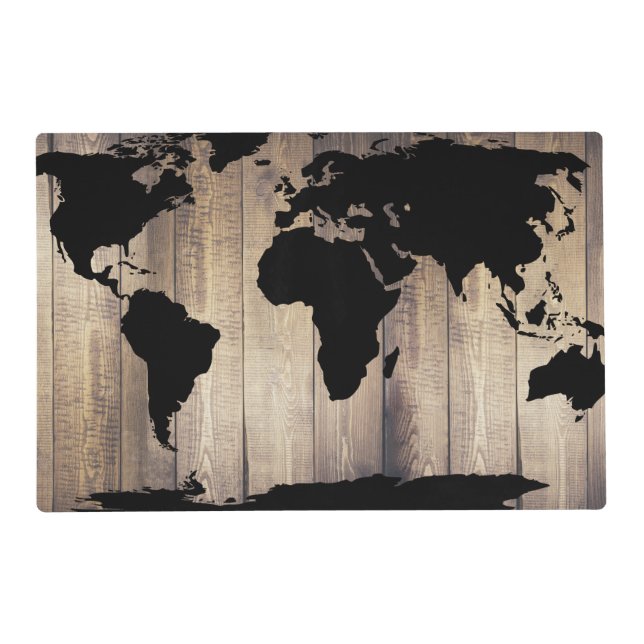Rustic Black World Map Barn Wood Planks Placemat (Front)