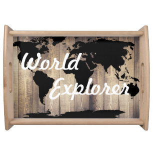 Rustic Black World Map World Explorer Serving Tray