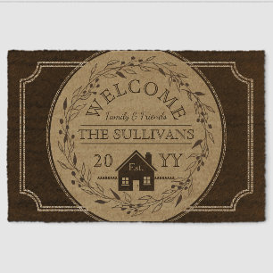 Rustic Black Wreath House WELCOME Name Fiber Doormat