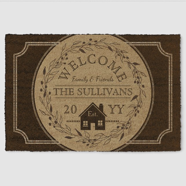 Rustic Black Wreath House WELCOME Name Fiber Doormat (Front)