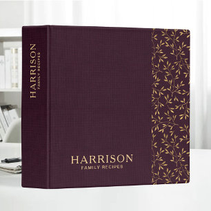 Rustic Blackberry Linen Gold Leaves Family Recipe 3 Ring Binder