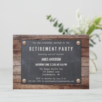 Rustic Blackboard on Wood Retirement Invitation | Zazzle