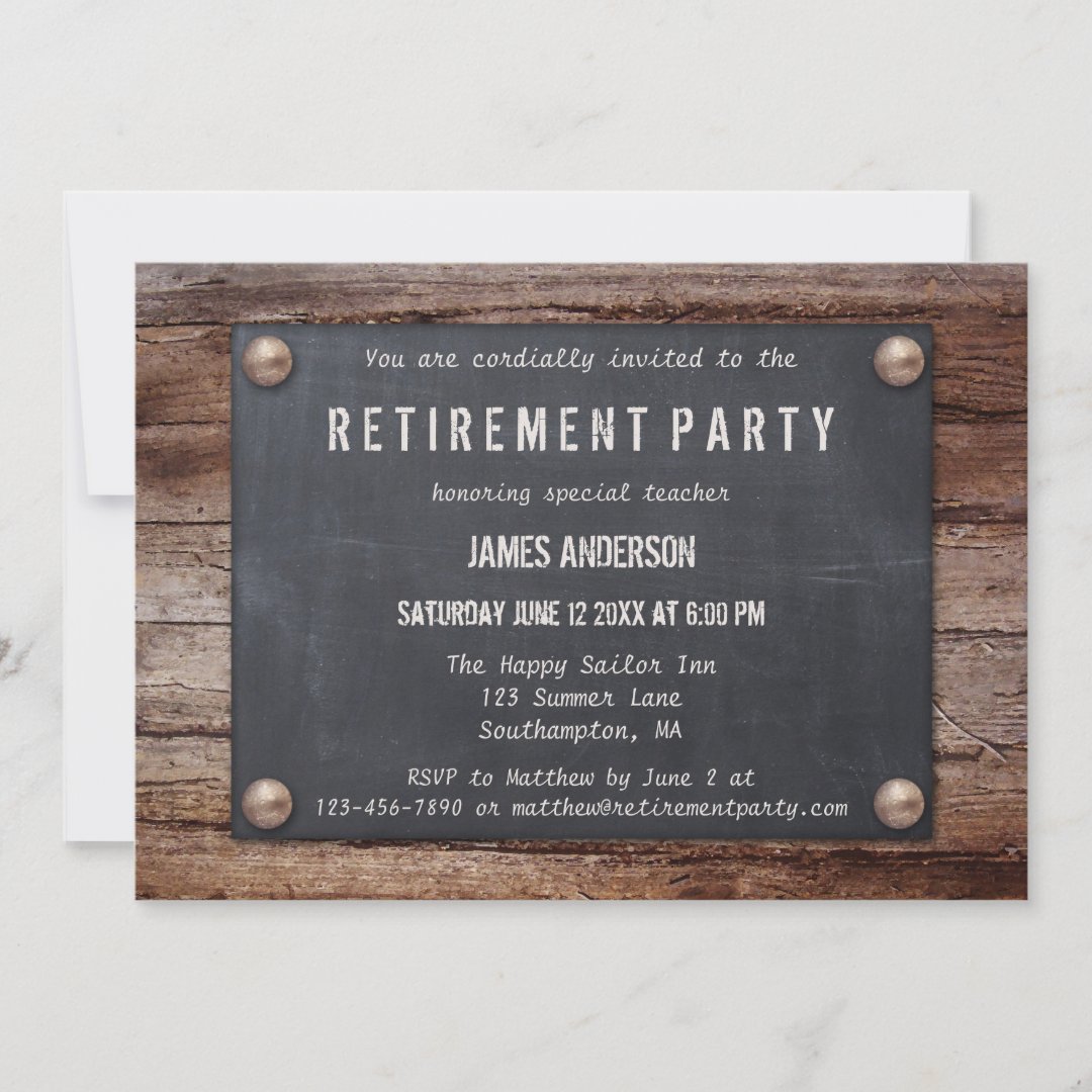 Rustic Blackboard on Wood Retirement Invitation | Zazzle