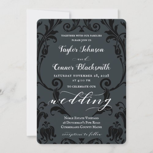 Rustic Blacksmith Calligraphy Black Damask Wedding Invitation