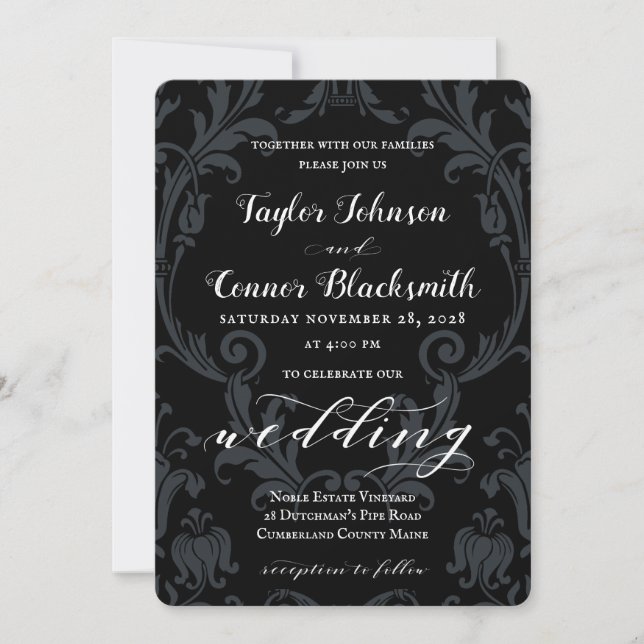 Rustic Blacksmith Calligraphy Black Damask Wedding Invitation (Front)