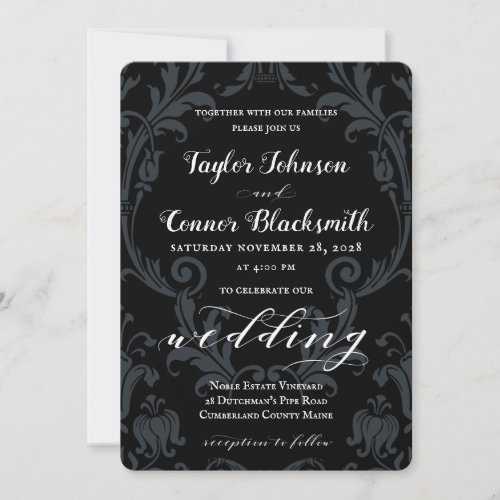 Rustic Blacksmith Calligraphy Black Damask Wedding Invitation
