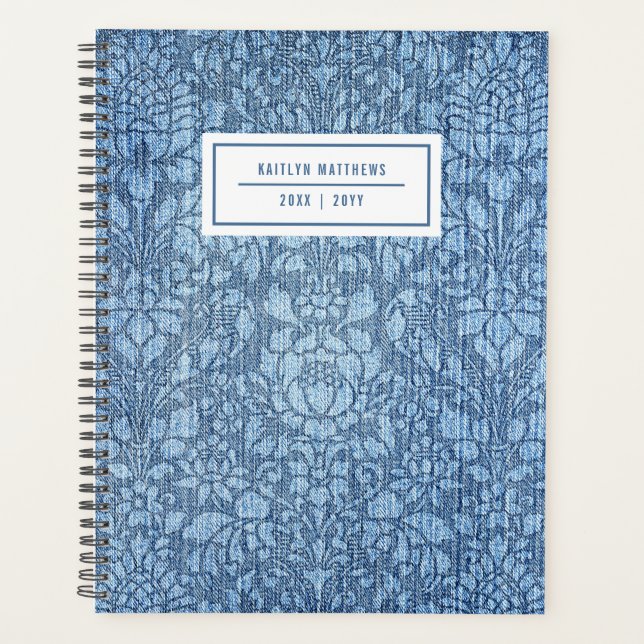 Rustic Bleached Damask Denim Name Planner (Front)