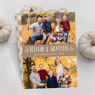 Rustic Blessed and Grateful 2 Photo Thanksgiving Holiday Card