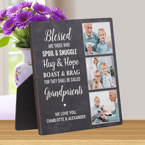 Rustic Blessed Grandparents Personalized 3 Photo Plaque