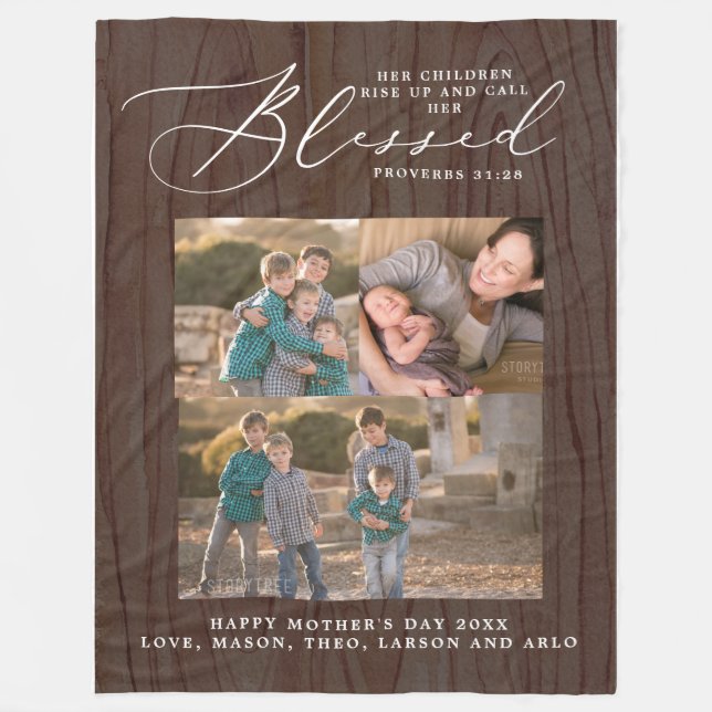 Rustic Blessed Mom Proverbs 31 Scripture 3 Photo Fleece Blanket (Front)