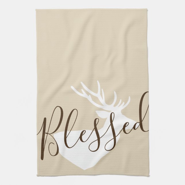 Rustic Blessed Script White Deer Silhouette Kitchen Towel (Vertical)