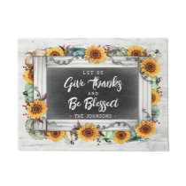 Rustic Blessed Thanksgiving Sunflower Pumpkin Name Doormat