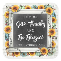 Rustic Blessed Thanksgiving Sunflower Pumpkins Jar Square Sticker