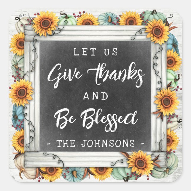 Rustic Blessed Thanksgiving Sunflower Pumpkins Jar Square Sticker (Front)