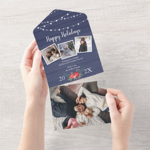 Rustic bllue wood and string lights photo card