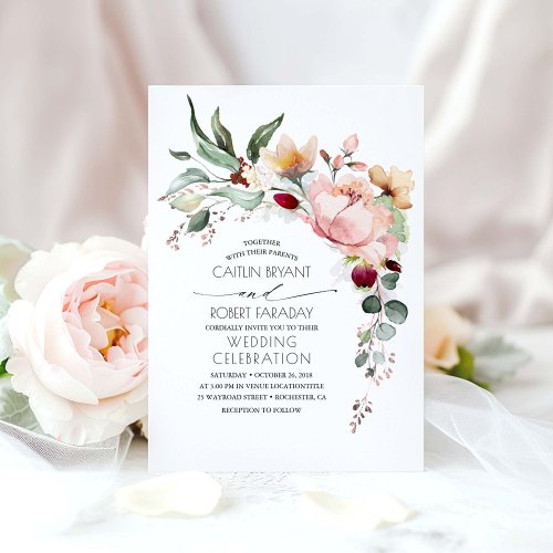 Rustic Bloom and Faux Rose Gold Foil Wedding Invitation