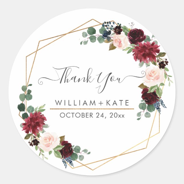 Rustic Bloom Blush Burgundy Eucalyptus Thank You Classic Round Sticker (Front)