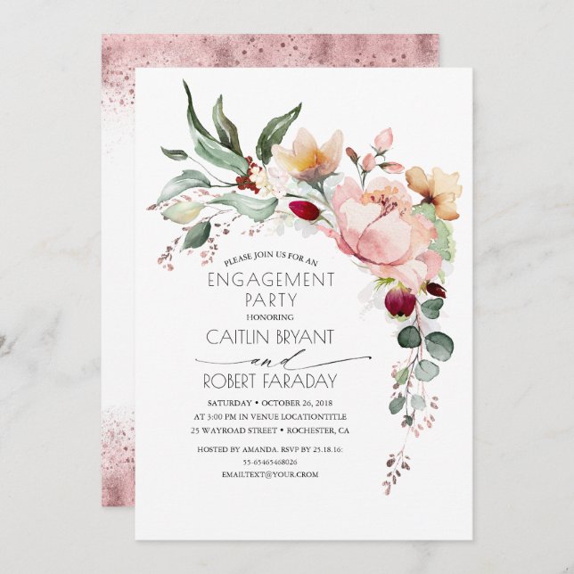 Rustic Bloom Boho Pink Gold Engagement Party Invitation (Front/Back)