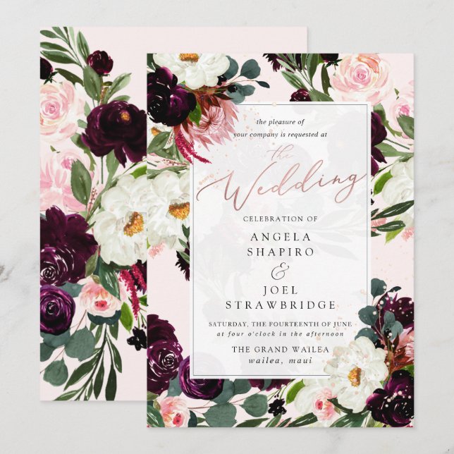 Rustic Bloom Burgundy Blush Watercolor Roses Invitation (Front/Back)
