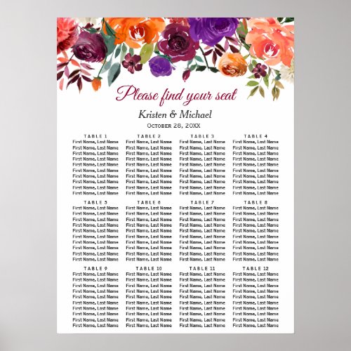 Rustic Bloom Burgundy Floral Wedding Seating Chart - Create your own Seating Plan Poster with this "Rustic Bloom Burgundy Floral 12 Tables Wedding Seating Chart" template to match your wedding colors and style. This high-quality design is easy to customize to be uniquely yours! 
(1) The default size is 18 x 24 inches, you can change it to other size.  
(2) If you need help or matching items, please contact me.