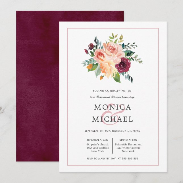 Rustic Bloom | Burgundy Flowers  Rehearsal Dinner Invitation (Front/Back)