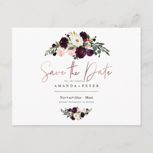 Rustic Bloom Burgundy Flowers Save the Date Postcard