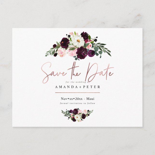 Rustic Bloom, Burgundy Flowers Save the Date Postcard (Front)