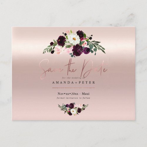 Rustic Bloom Burgundy Flowers Save the Date Postcard