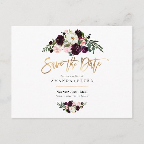 Rustic Bloom Burgundy Flowers Save the Date Postcard