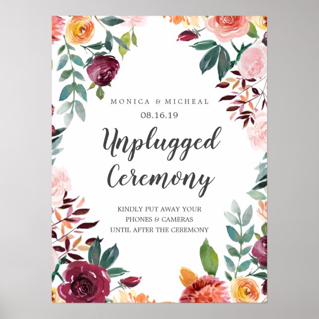 Rustic Bloom Chic Unplugged Wedding Ceremony Sign (Front)