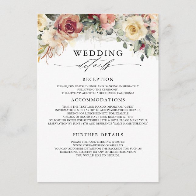 Rustic Bloom Fall Wedding Information Guest Enclosure Card (Front)