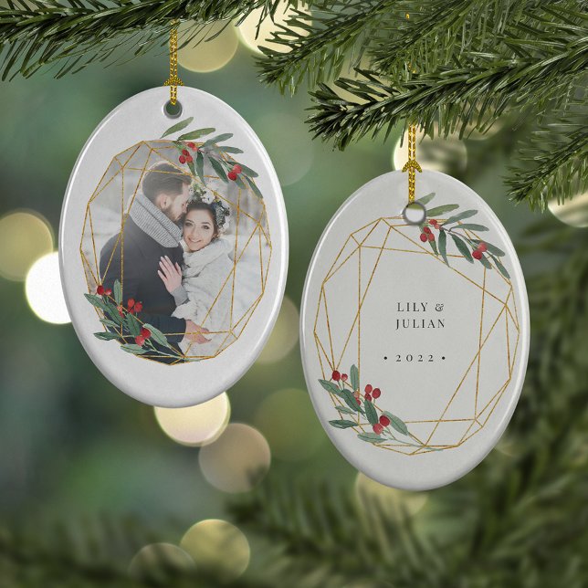 Rustic Bloom First Christmas Photo Ceramic Ornament (Creator Uploaded)