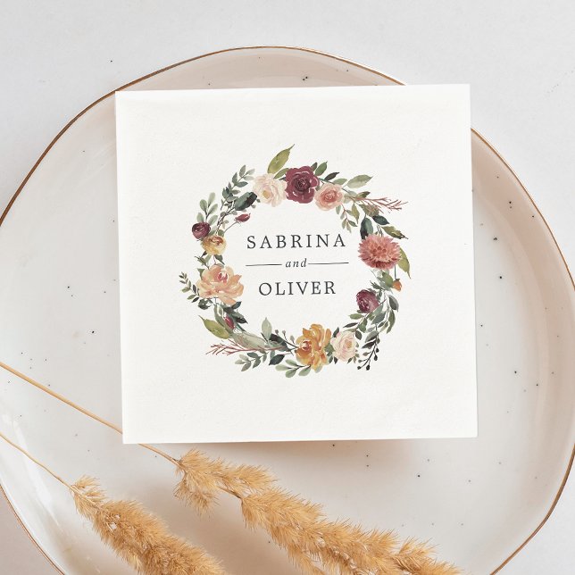 Rustic Bloom | Floral Wreath Personalized Wedding Paper Napkins (Creator Uploaded)