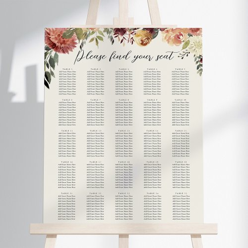 Rustic Bloom Floral XL Wedding Seating Chart Foam Board