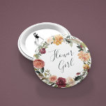 Rustic Bloom Flower Girl Button<br><div class="desc">Identify the key players at your bridal shower or rehearsal dinner with our elegant,  sweetly chic floral buttons. Button features a watercolor floral wreath of roses,  peonies and mums in rich autumn hues,  with "flower girl" inscribed inside in hand lettered script. Designed to match our Rustic Bloom collection.</div>