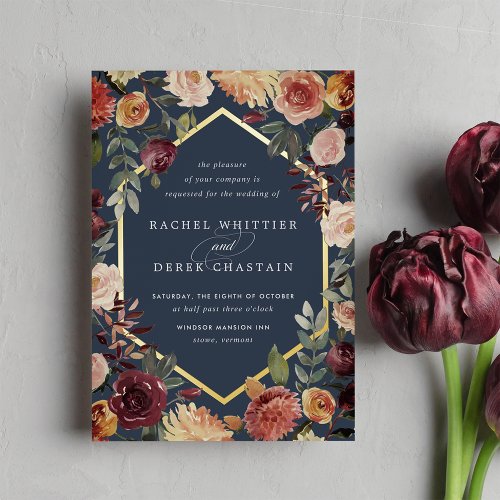 Rustic Bloom Geometric Watercolor Floral Wedding Foil Invitation