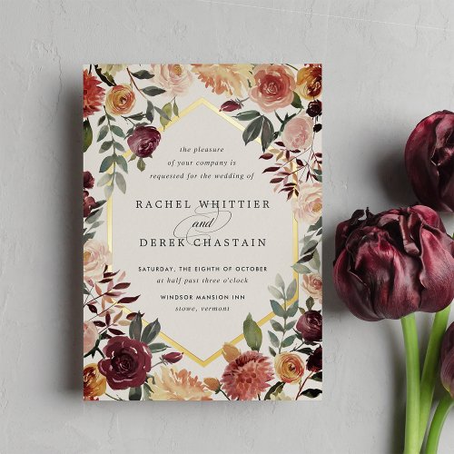 Rustic Bloom Geometric Watercolor Floral Wedding Foil Invitation