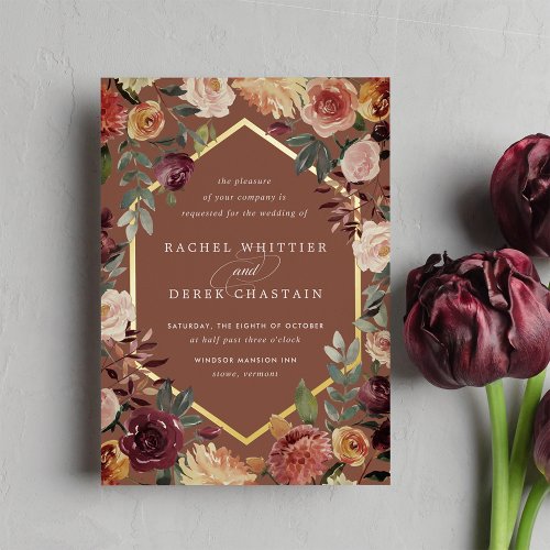 Rustic Bloom Geometric Watercolor Floral Wedding Foil Invitation