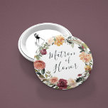Rustic Bloom Matron of Honor Pinback Button<br><div class="desc">Identify the key players at your bridal shower or rehearsal dinner with our elegant,  sweetly chic floral buttons. Button features a watercolor floral wreath of roses,  peonies and mums in rich autumn hues,  with "matron of honor" inscribed inside in hand lettered script. Designed to match our Rustic Bloom collection.</div>