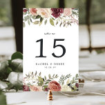 Rustic Bloom Table Number Card<br><div class="desc">Rustic elegant table number cards feature top and bottom borders of watercolor rose and mum flowers in autumn shades of marsala, burgundy, blush pink, and ivory with green foliage. Your table number, event date and additional custom text appears in the center. Design repeats on reverse side. Coordinates with our Rustic...</div>