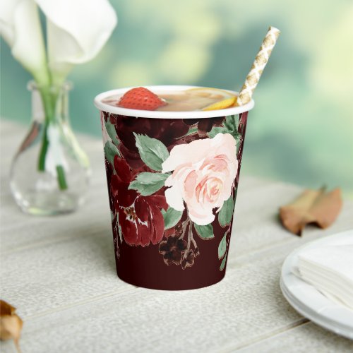 Rustic Bloom  Terracotta and Marsala Red Floral Paper Cups