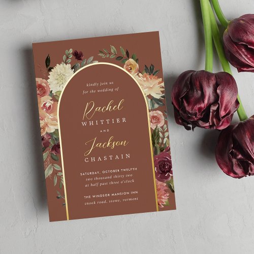 Rustic Bloom Watercolor Floral Arch Wedding Foil Invitation