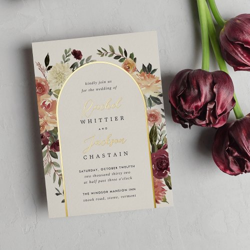 Rustic Bloom Watercolor Floral Arch Wedding Foil Invitation