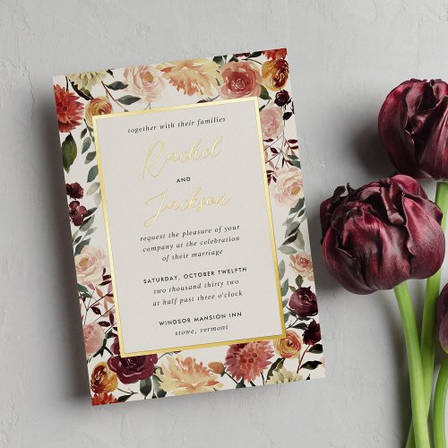 Rustic Bloom Watercolor Floral Frame Wedding Foil Invitation