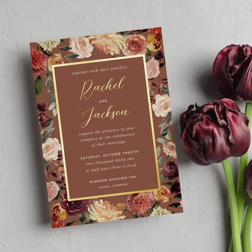 Rustic Bloom Watercolor Floral Frame Wedding Foil Invitation