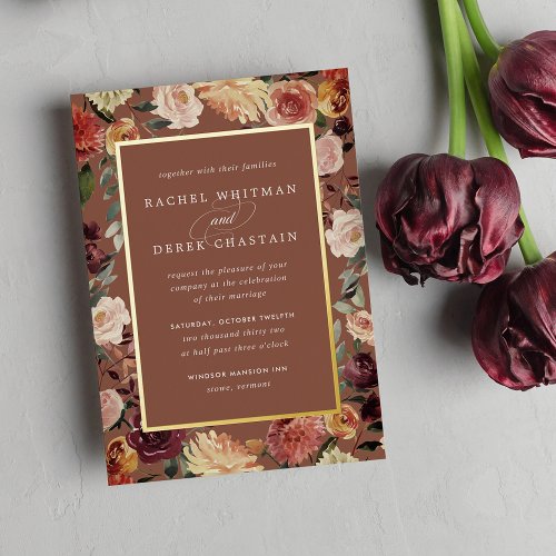 Rustic Bloom Watercolor Floral Frame Wedding Foil Invitation