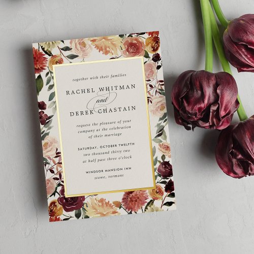 Rustic Bloom Watercolor Floral Frame Wedding Foil Invitation